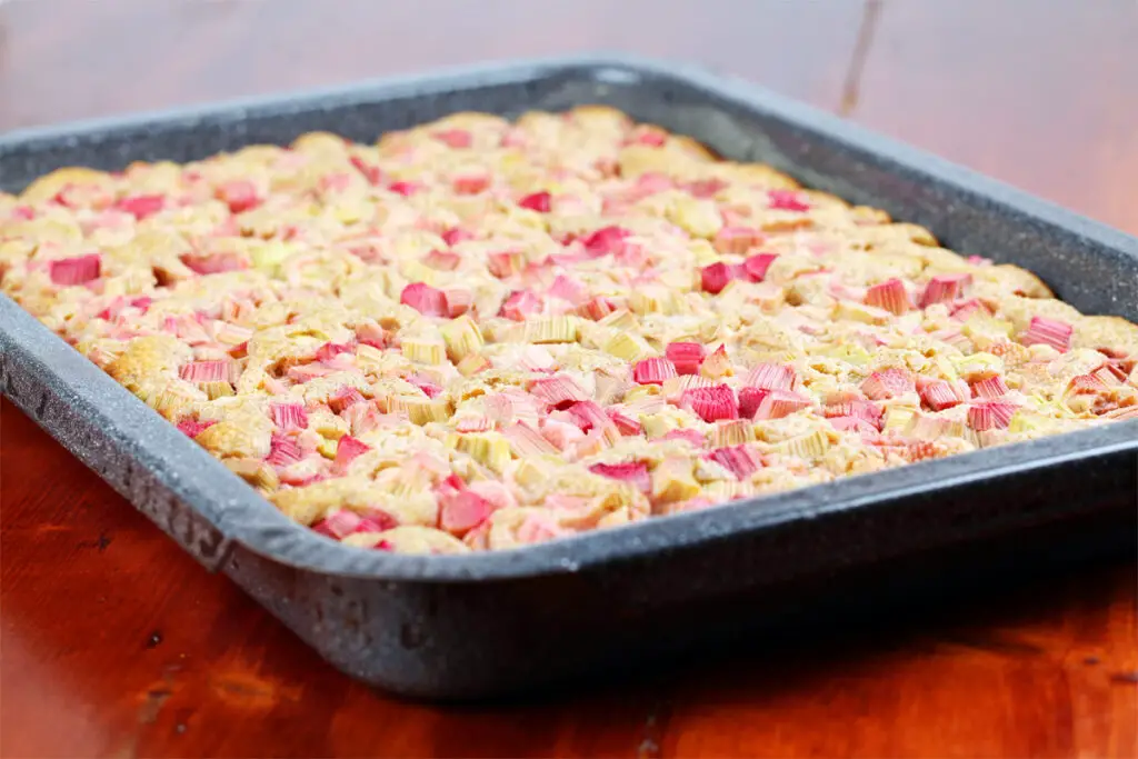 Rhabarberkuchen mit Pudding und Streusel Blech.